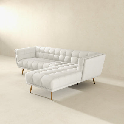 L-shaped tufted sectional sofa in beige upholstery with mid-century legs HouseOfZazla on Tampa Home & Garden Store