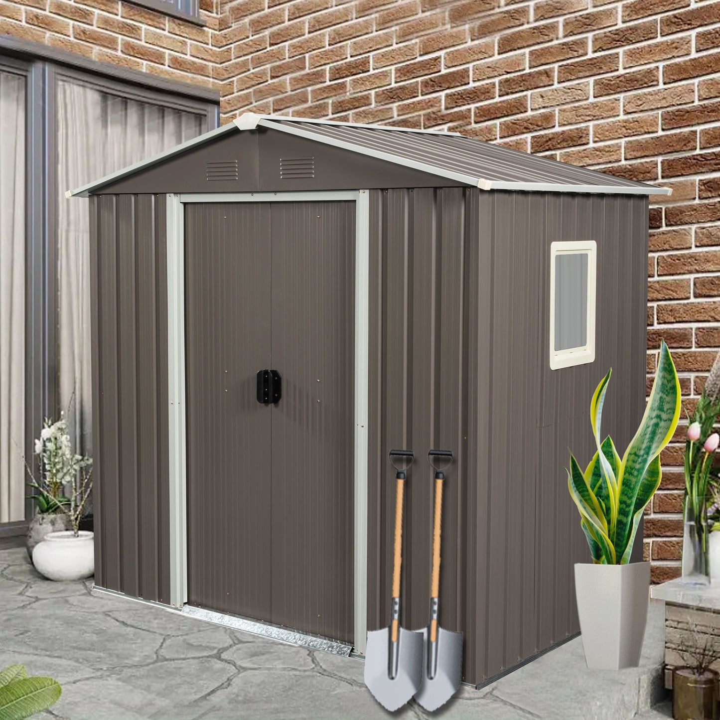 Metal Shed With A Sliding Door And Glass Window