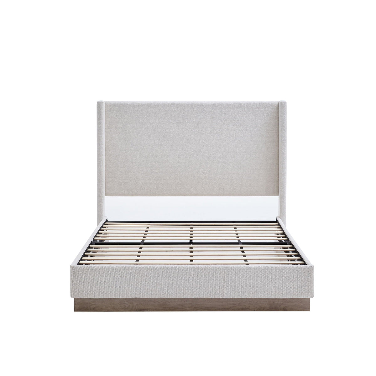 Hosford minimalist upholstered wingback bed with wood base, beige fabric, slatted base on Tampa Home & Garden Store