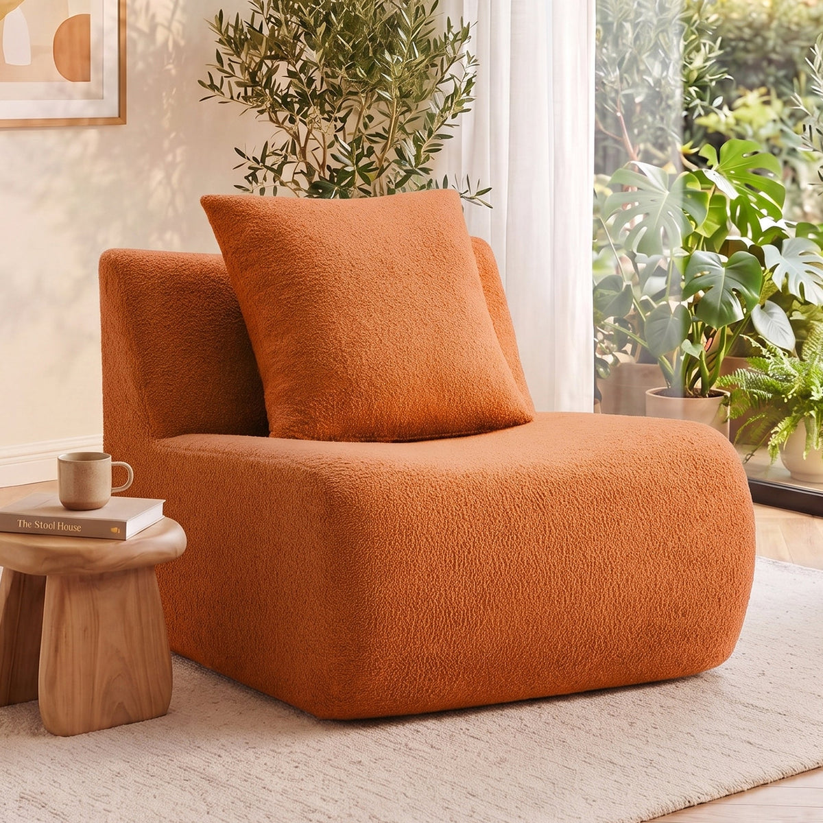Orange Teddy Fabric Armless Sofa and Pillow Cushions