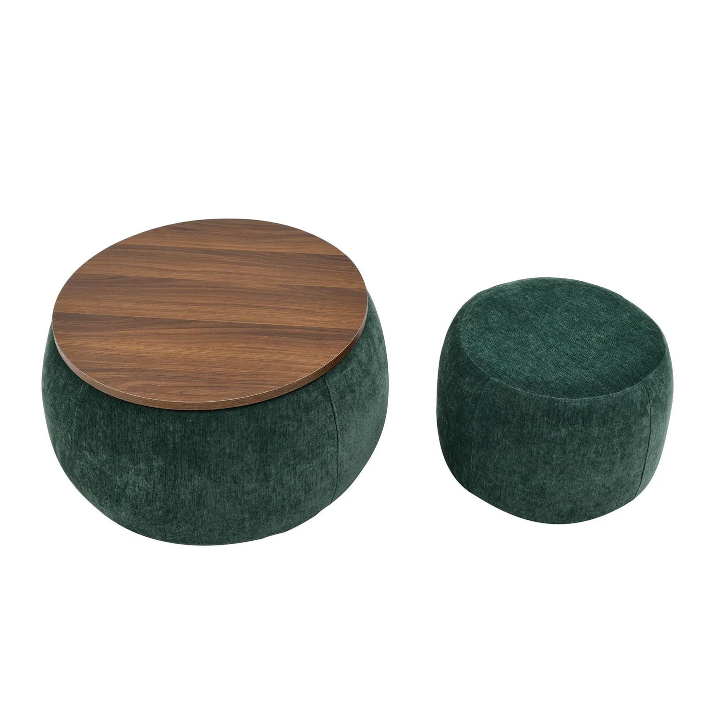 Round storage ottomans with wood top and green velvet, 2-in-1 end table pair on Tampa Home & Garden Store