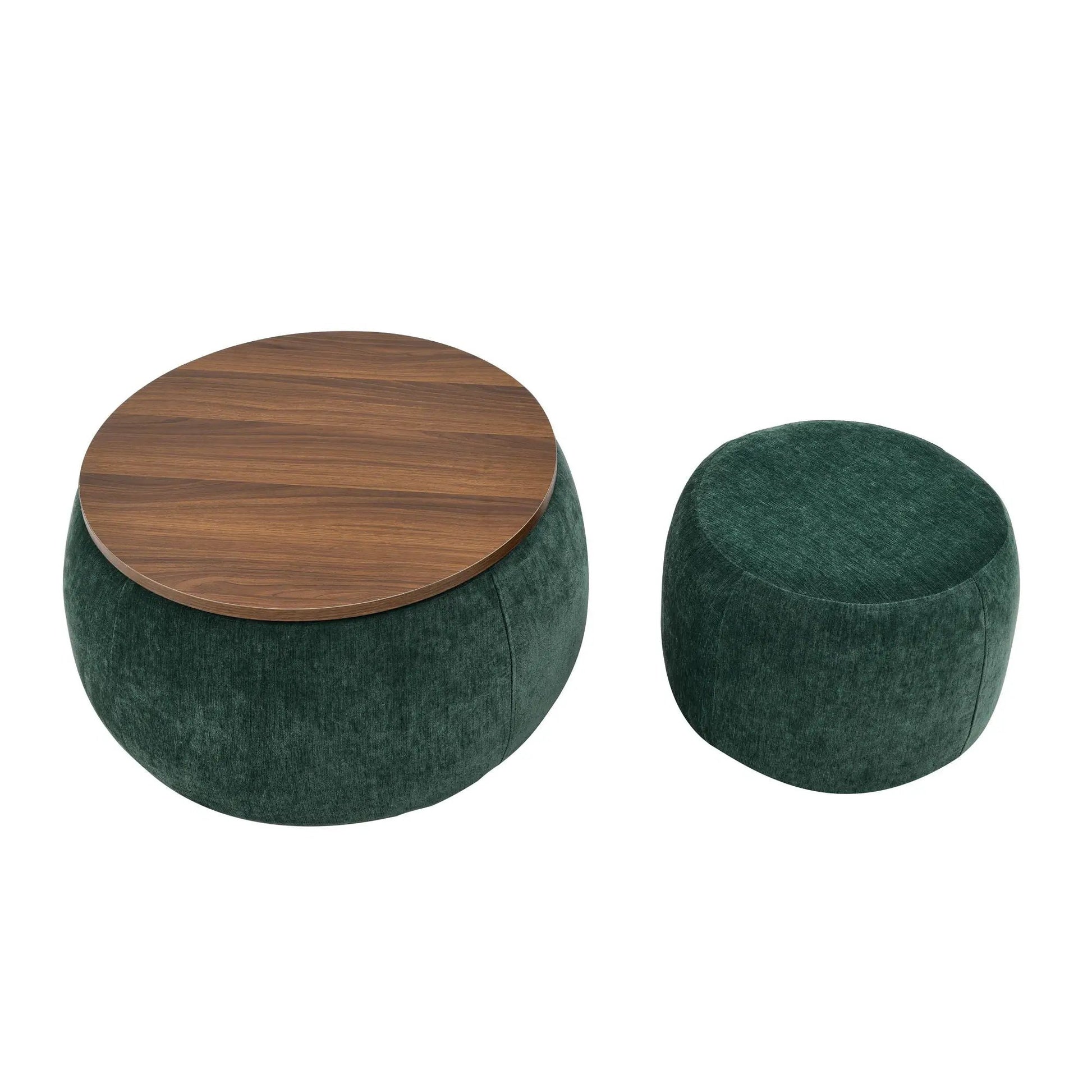 Round storage ottomans with wood top and green velvet, 2-in-1 end table pair on Tampa Home & Garden Store