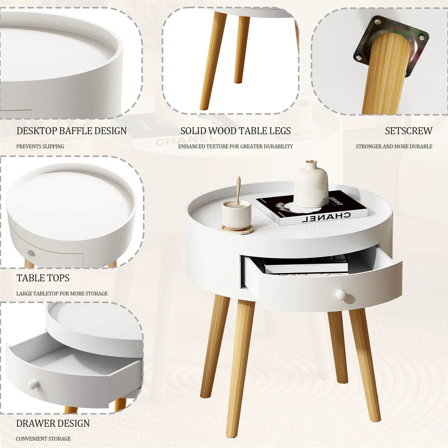 White round nightstand with storage drawer on natural wood legs by Unique Piece Furniture on Tampa Home & Garden Store