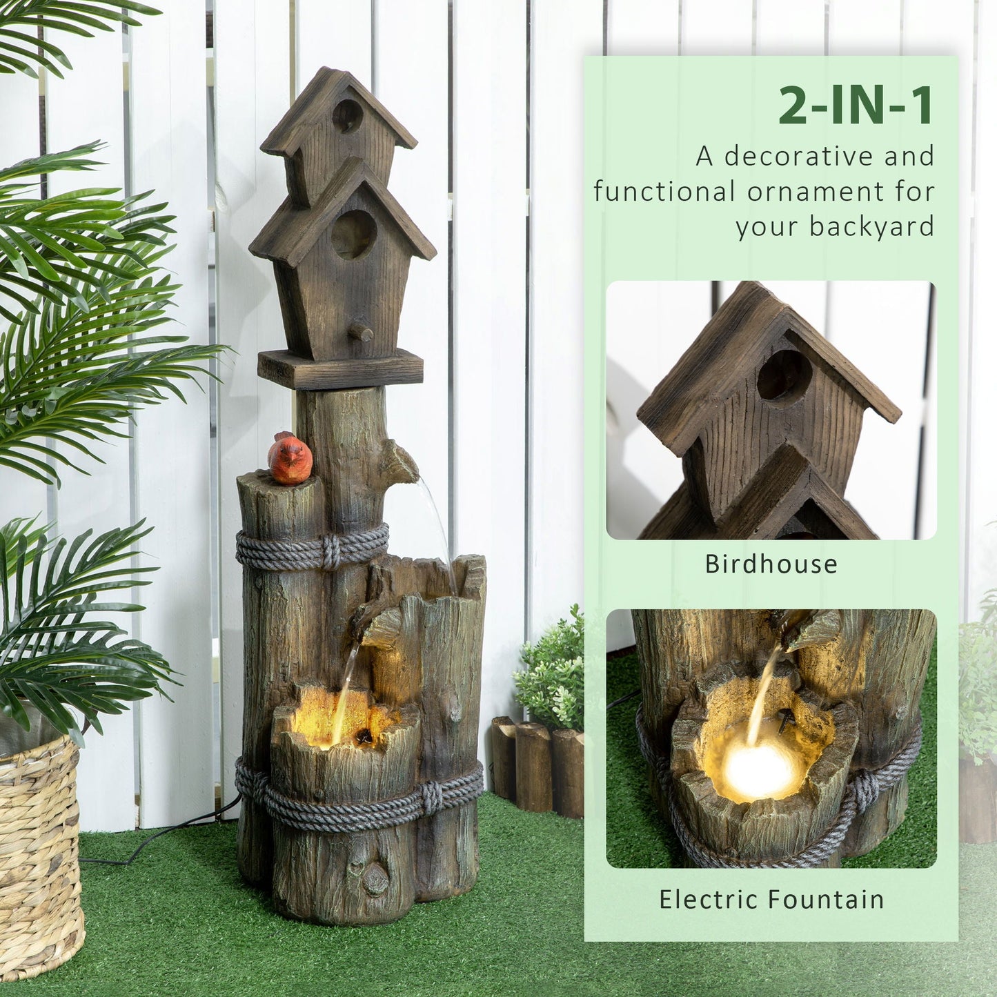 Outdoor Birdhouse and Fountain with Lights