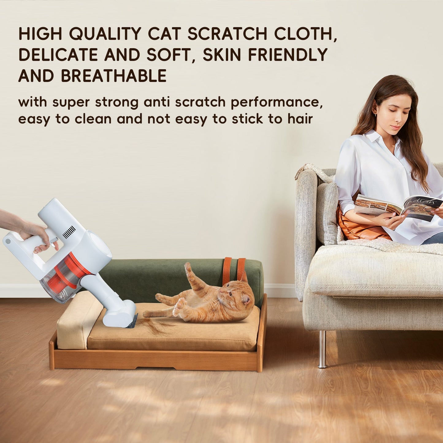 Modern wooden pet bed with beige cushions for cats and dogs; cat lounging on Tampa Home & Garden Store
