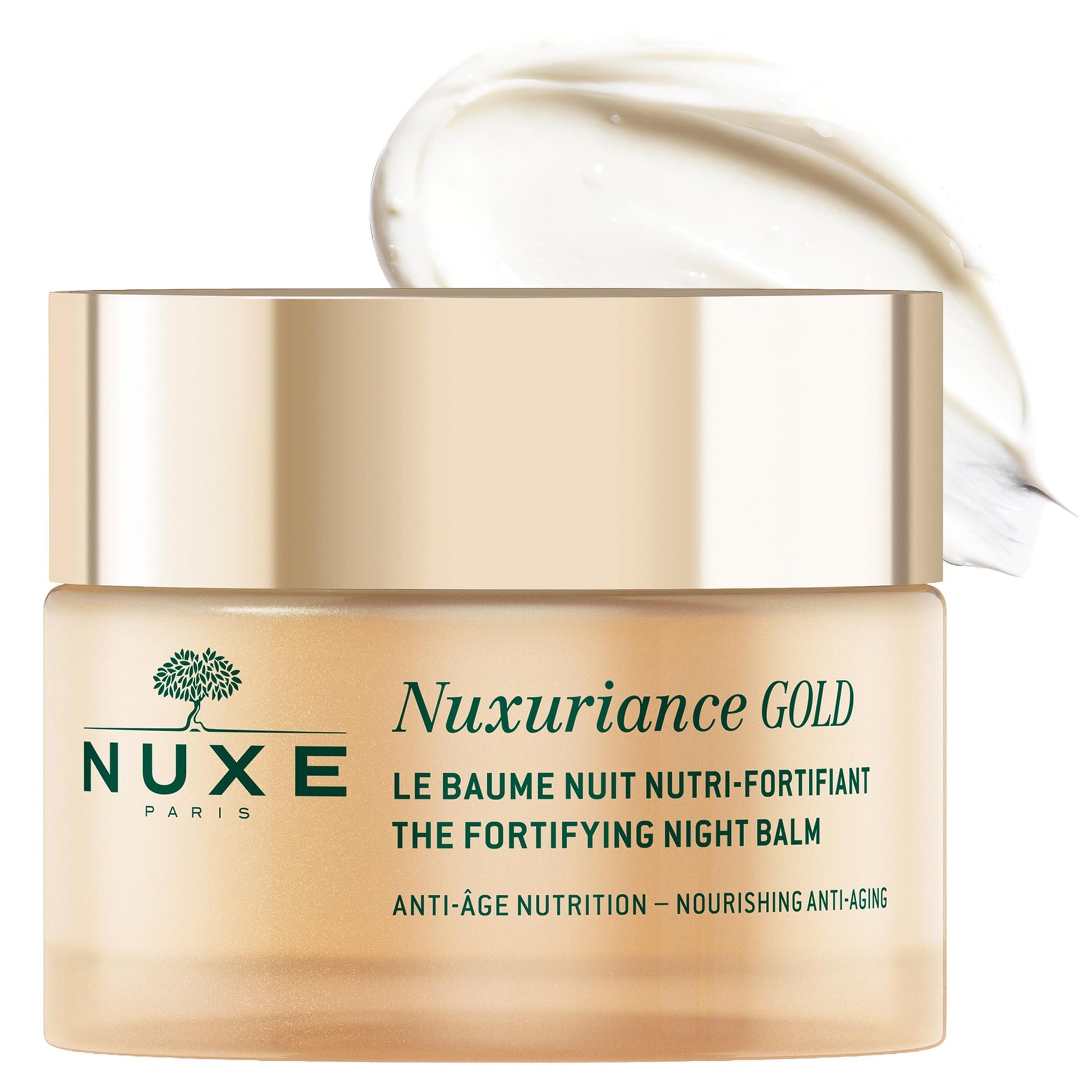 Face cream: Nuxe Nuxuriance Gold Anti-Aging Balm, gold jar with white cream swirls, on Tampa Home & Garden Store