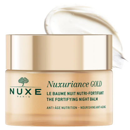 Face cream: Nuxe Nuxuriance Gold Anti-Aging Balm, gold jar with white cream swirls, on Tampa Home & Garden Store