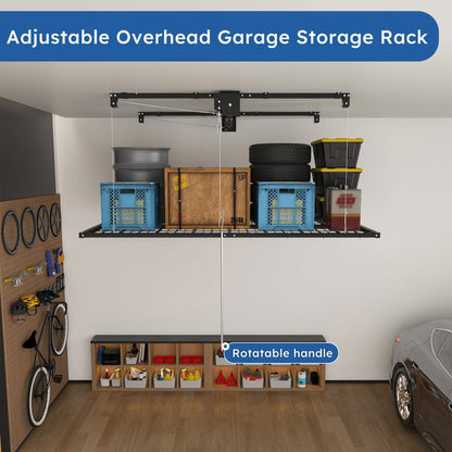 Overhead garage storage rack with crank system in black, ceiling-mounted garage organizer on Tampa Home & Garden Store