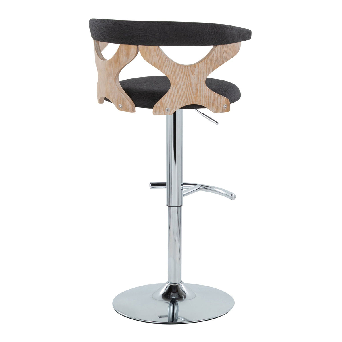 Contemporary adjustable barstool set with swivel, black fabric cushion, curved light wood frame on Tampa Home & Garden Store