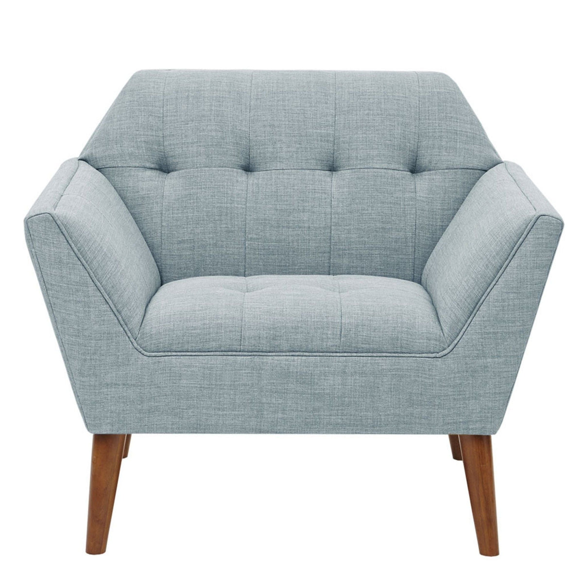 Modern Lounge Chair with Button Tufting by HouseOfZazla, blue-gray fabric, pecan wood legs on Tampa Home & Garden Store