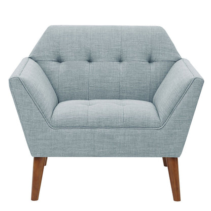 Modern Lounge Chair with Button Tufting by HouseOfZazla, blue-gray fabric, pecan wood legs on Tampa Home & Garden Store
