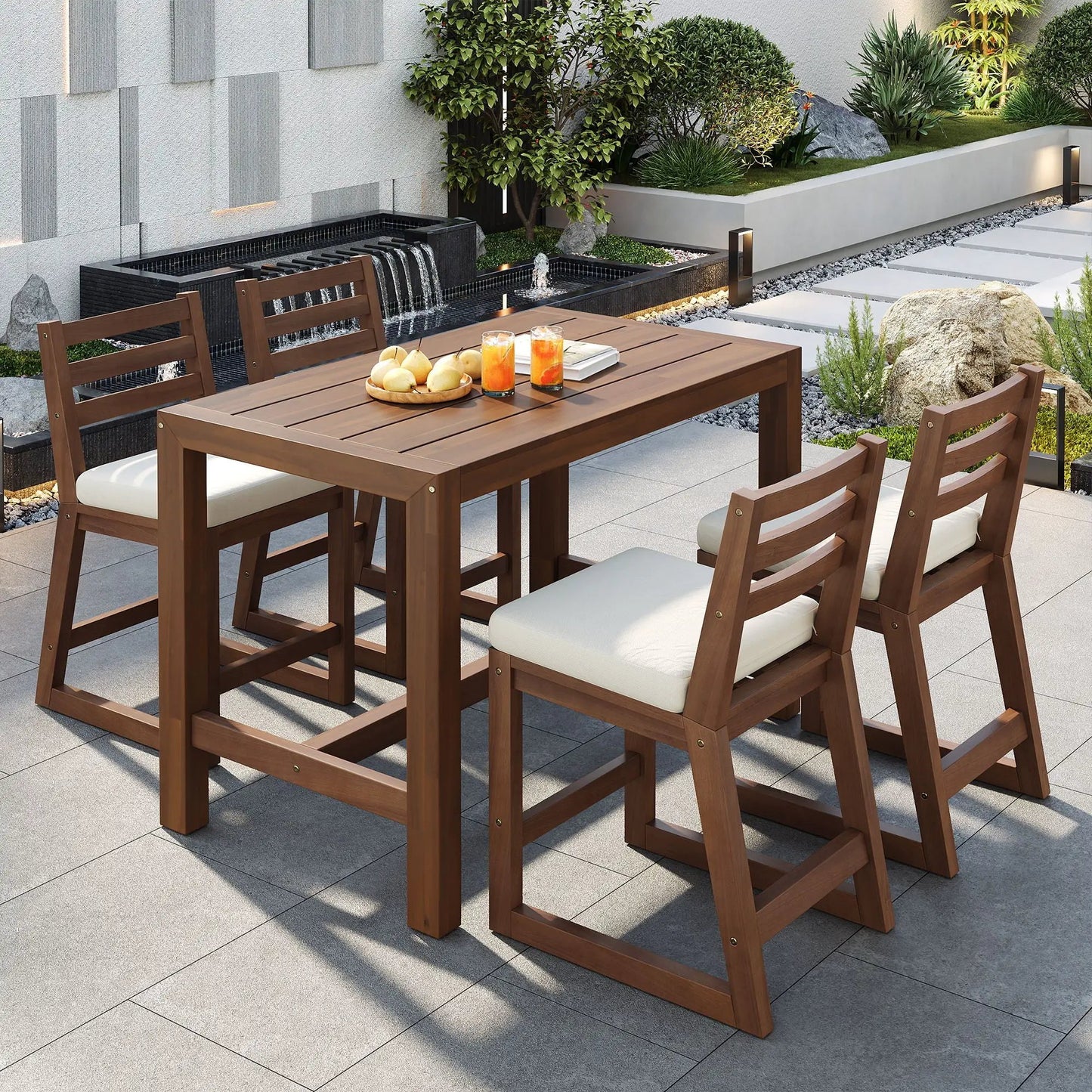 Patio bar set with ergonomic chairs in warm brown wood and white cushions 5-piece outdoor set on Tampa Home & Garden Store