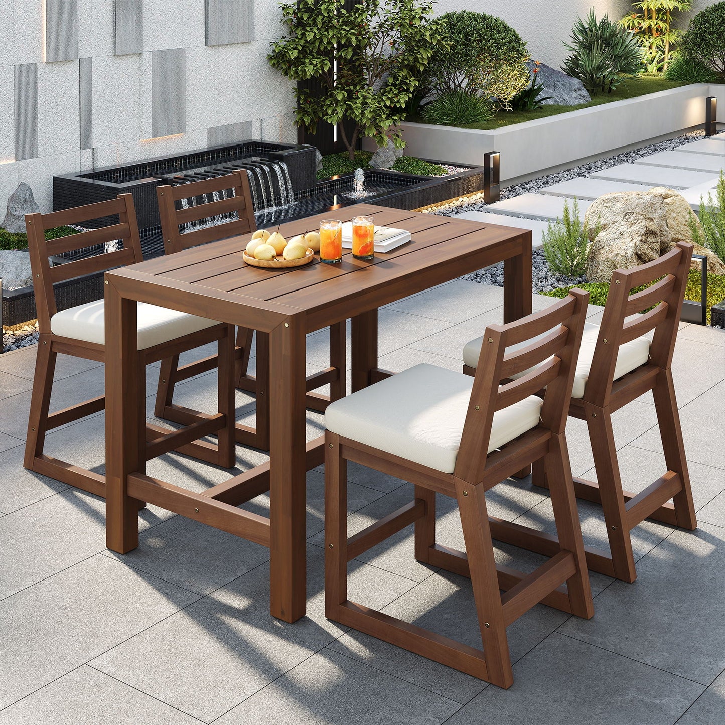 Patio Bar Set with Ergonomic Chairs, 5-piece outdoor set in brown wood with white cushions on Tampa Home & Garden Store
