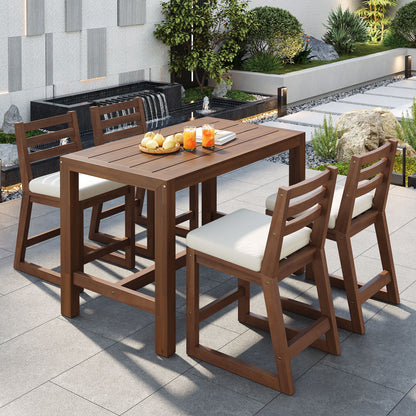 Patio Bar Set with Ergonomic Chairs, 5-piece outdoor set in brown wood with white cushions on Tampa Home & Garden Store