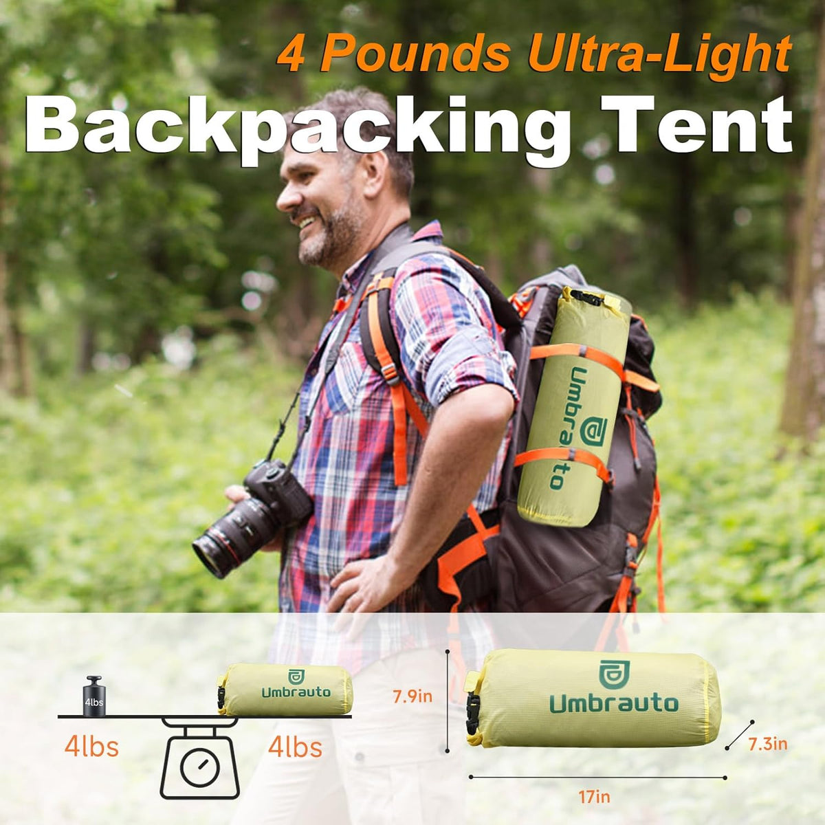 Umbrauto 4 Person Ultralight Camping Tent with green carry bag and orange straps on Tampa Home & Garden Store