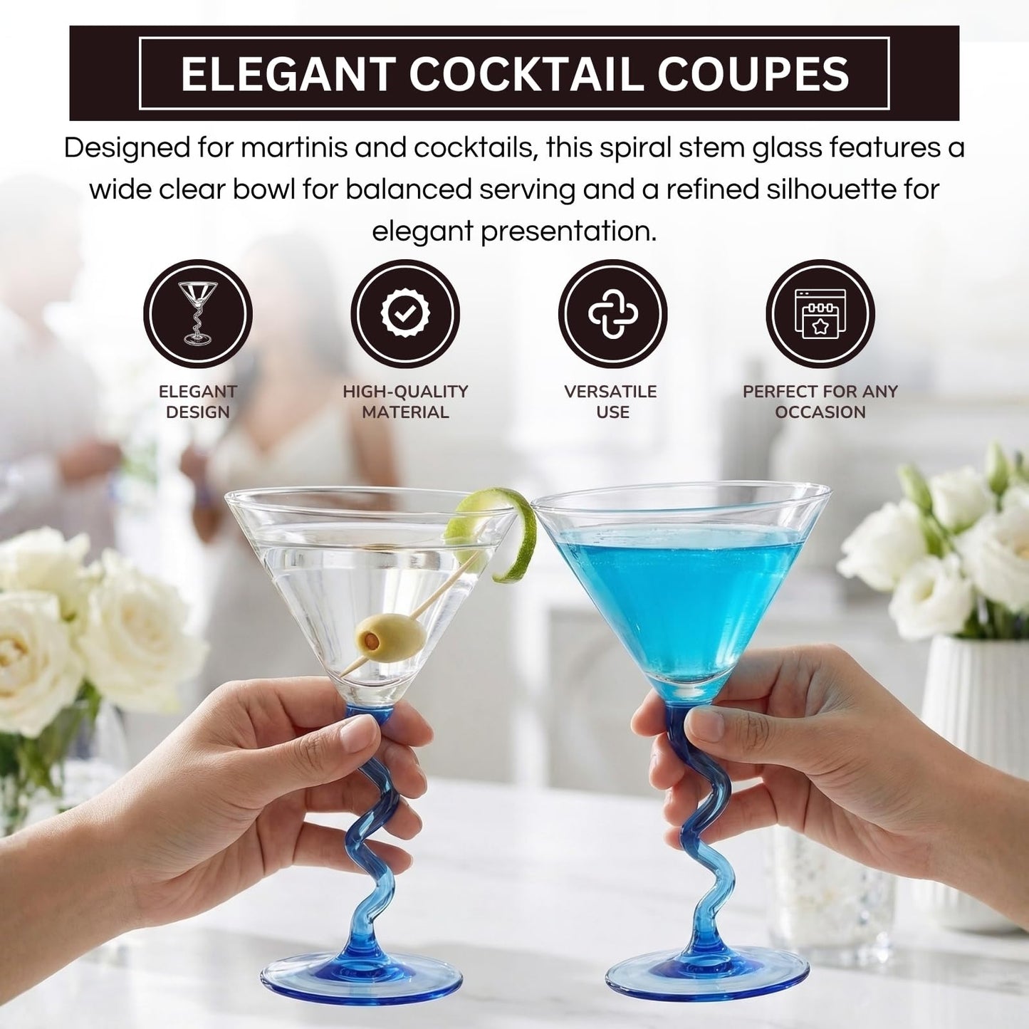 Blue Spiral Stem Martini Glass Set of 2