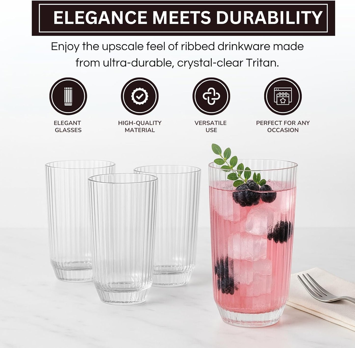 Clear and Shatterproof Ribbed Drinking Glasses