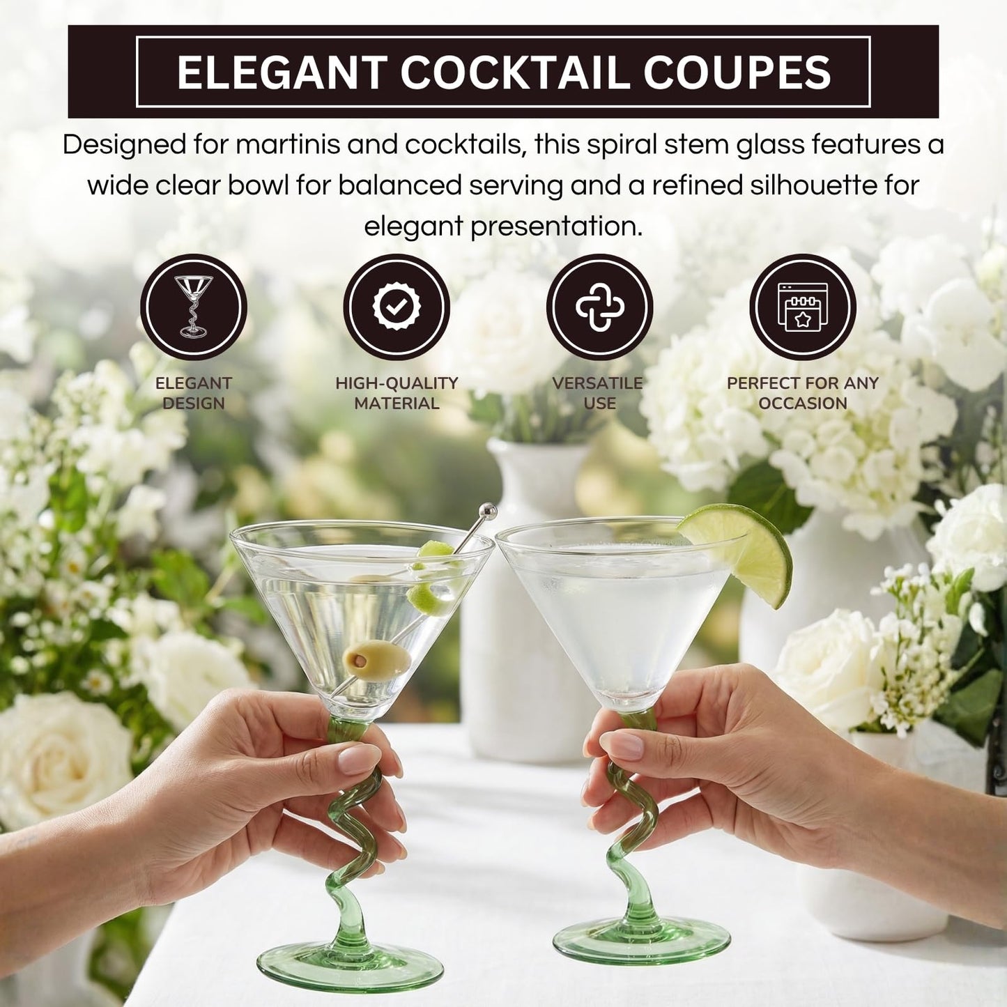 Green Spiral Stem Martini Glasses Set of 2