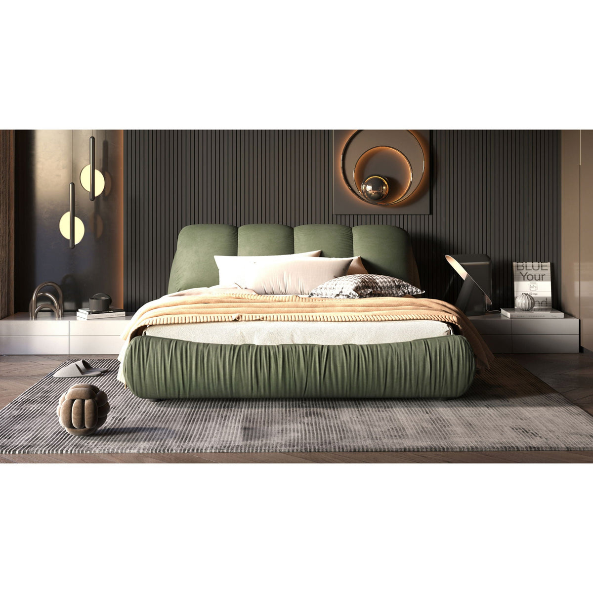 Luxury upholstered platform bed with padded backrest in green fabric and solid wood frame on Tampa Home & Garden Store