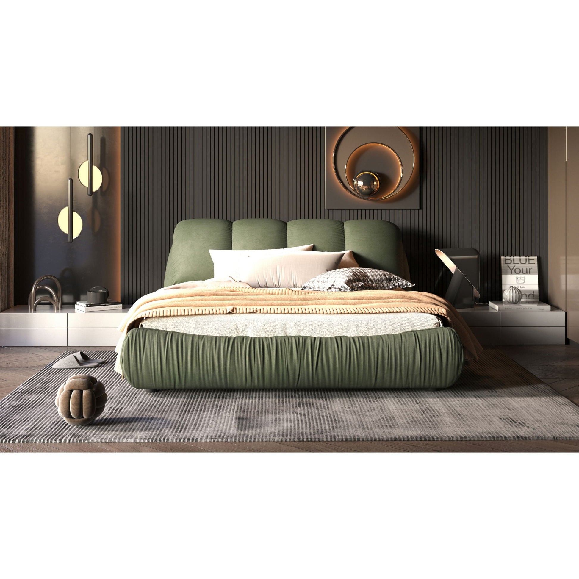 Luxury upholstered platform bed with padded backrest in green fabric and solid wood frame on Tampa Home & Garden Store