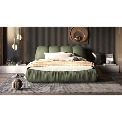 Luxury upholstered platform bed with padded backrest in green fabric and solid wood frame on Tampa Home & Garden Store