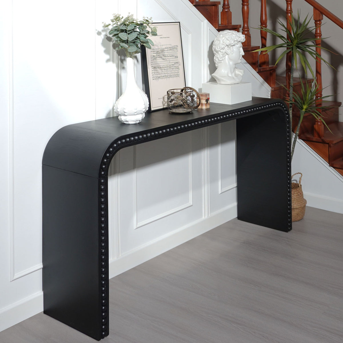 Waterfall Console Table by HouseOfZazla in black with curved seamless silhouette and bead trim on Tampa Home & Garden Store