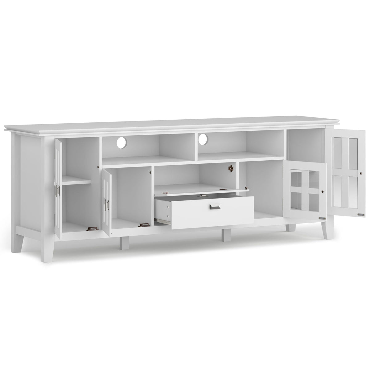 Artisan solid wood TV stand with flip drawer, white; open cubbies and glass cabinet on Tampa Home & Garden Store