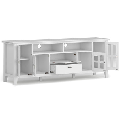 Artisan solid wood TV stand with flip drawer, white; open cubbies and glass cabinet on Tampa Home & Garden Store