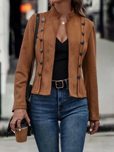 Decorative Button Open Front Long Sleeve Jacket Stevvex camel brown cropped suede look on Tampa Home & Garden Store