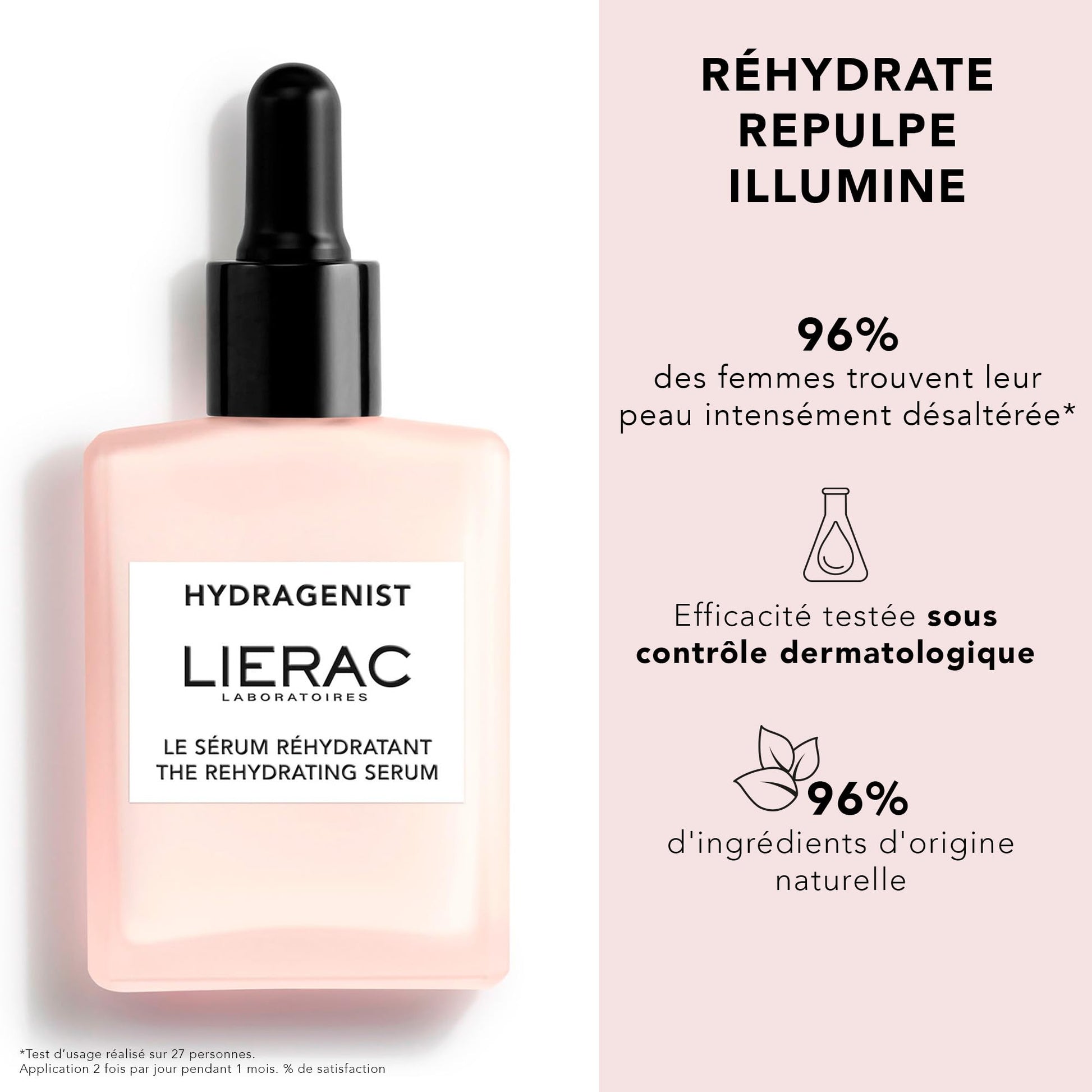 Hydragenist Rehydrating Serum 30ml bottle by LIERAC with pink liquid and black dropper on Tampa Home & Garden Store