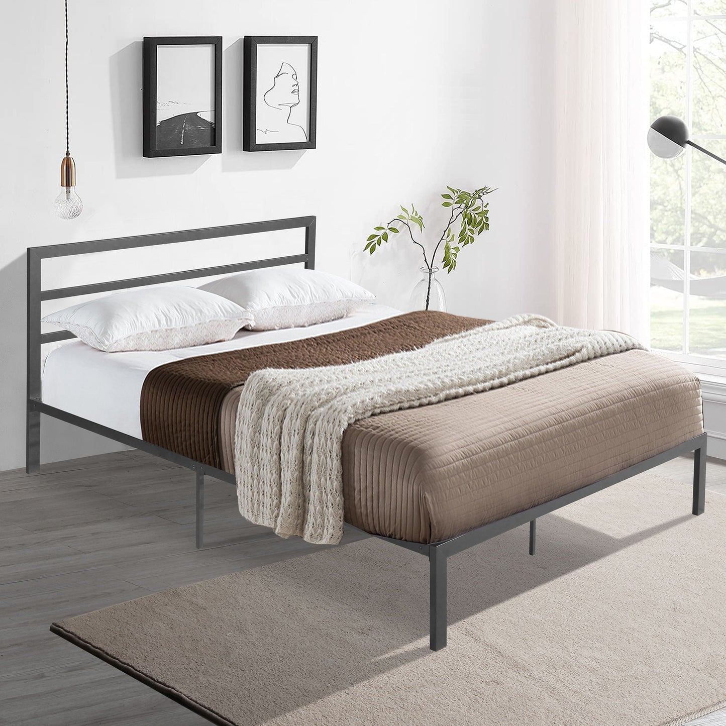 Modern Metal Bed Frame with Headboard and Storage
