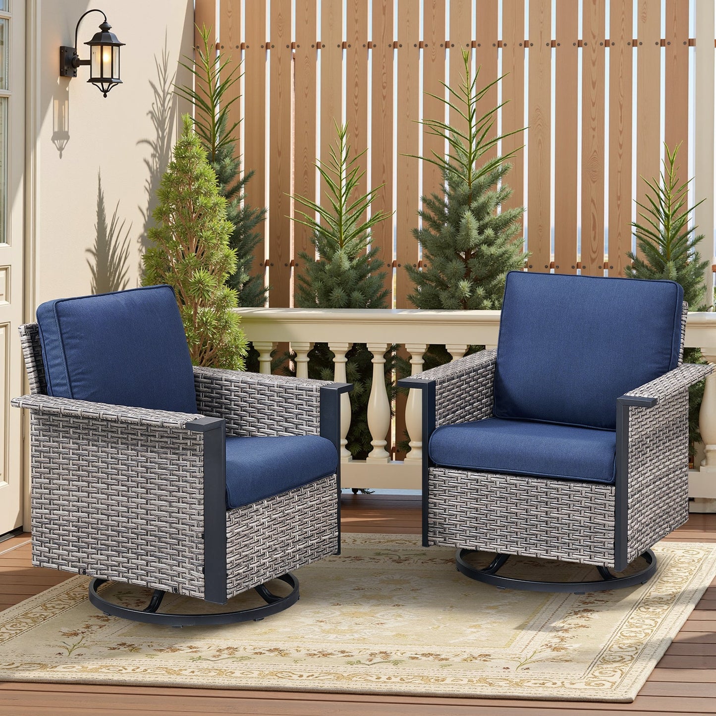 Outdoor Swivel Rocking Chairs 2-chair set HouseOfZazla blue cushions and wicker on Tampa Home & Garden Store