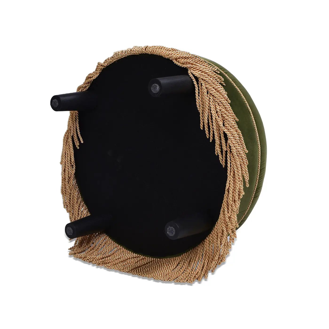 Yolanda round upholstered ottoman olive-green with gold fringe by Unique Piece Furniture on Tampa Home & Garden Store