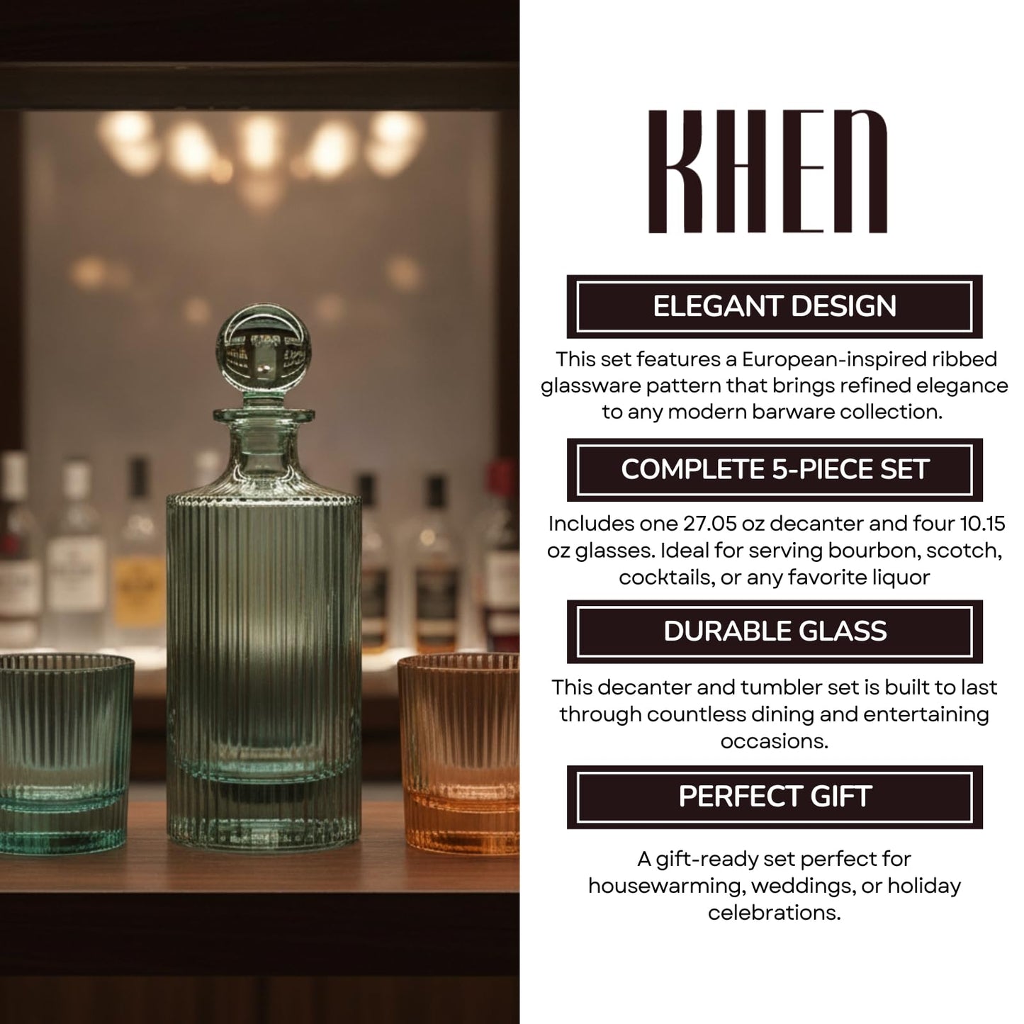 Ribbed Glass Decanter Set and 4 Whiskey Glasses