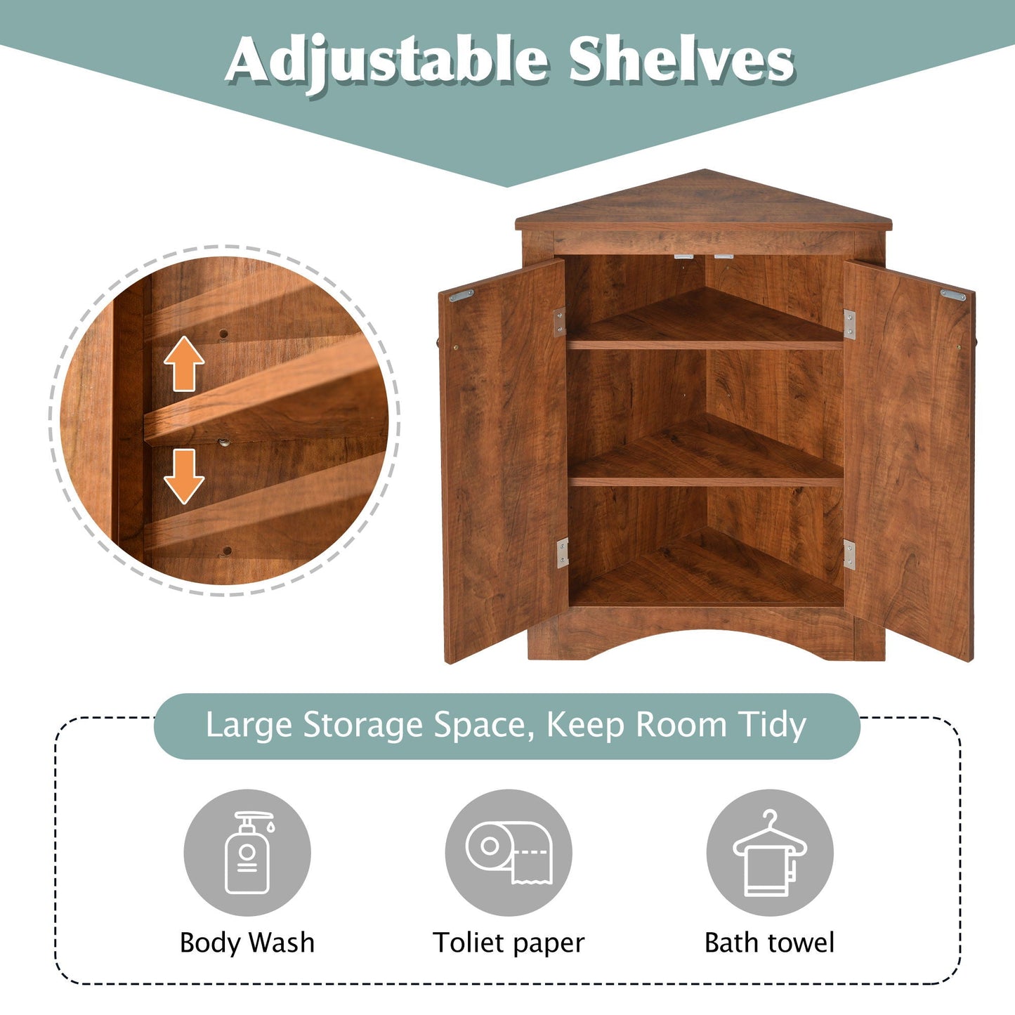 Triangle bathroom storage cabinet with adjustable shelves, freestanding walnut finish on Tampa Home & Garden Store