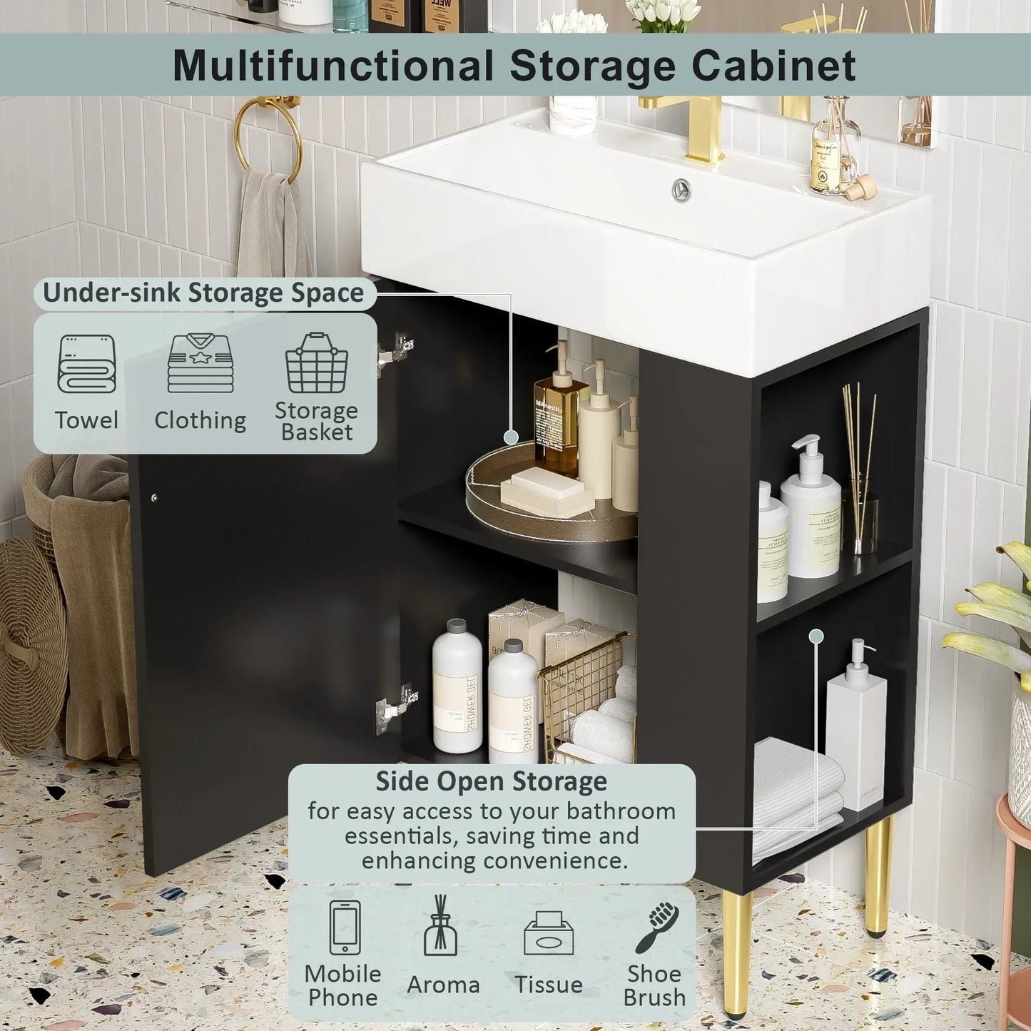 Bathroom vanity with white ceramic sink, black cabinet, and gold faucet; under-sink storage on Tampa Home & Garden Store
