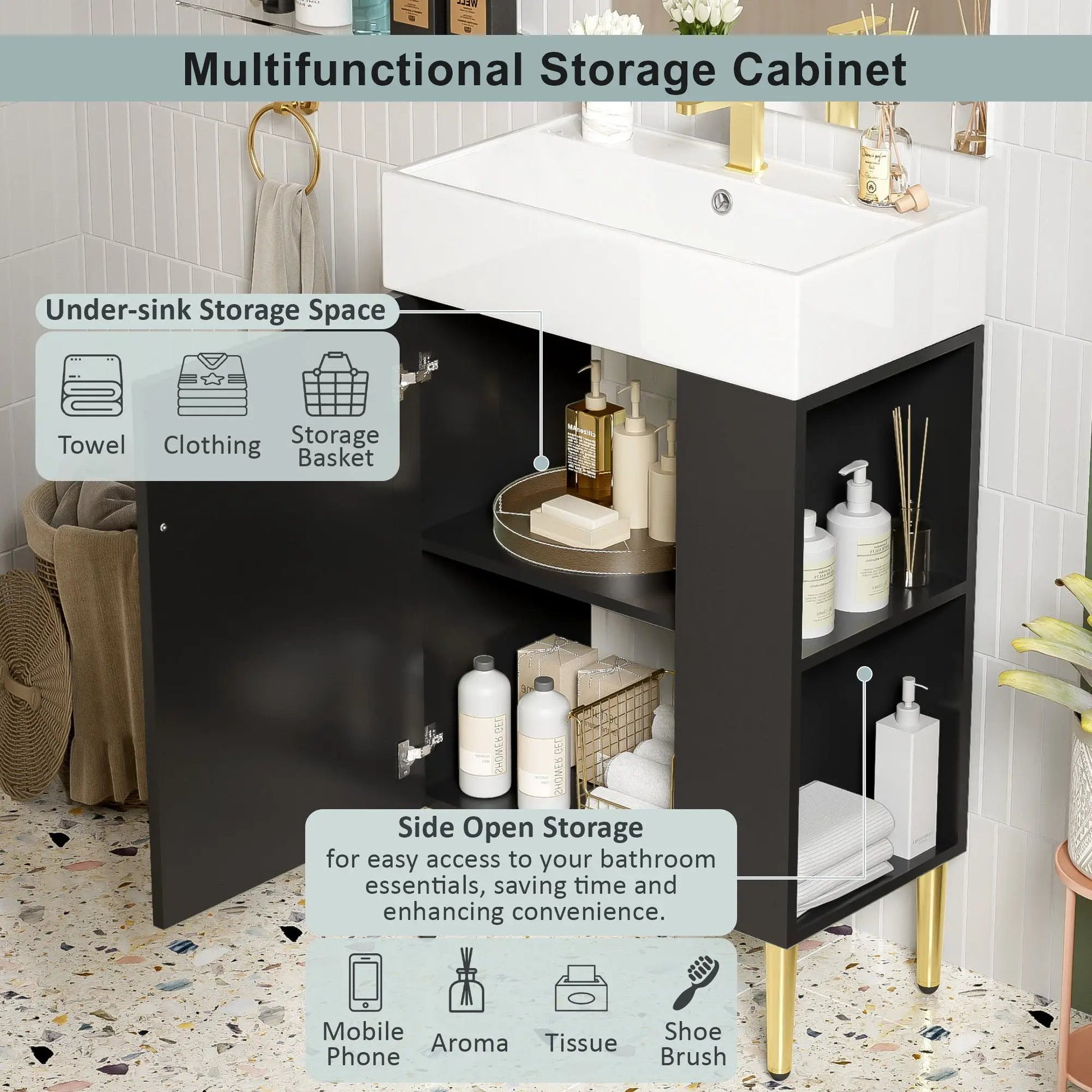 Bathroom vanity with white ceramic sink, black cabinet, and gold faucet; under-sink storage on Tampa Home & Garden Store