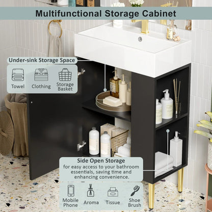 Bathroom vanity with white ceramic sink, black cabinet, and gold faucet; under-sink storage on Tampa Home & Garden Store