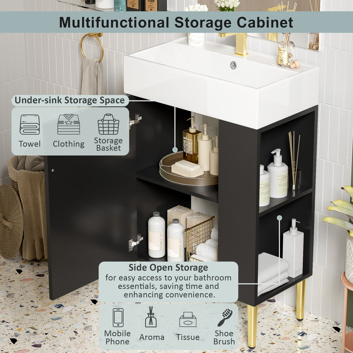 Bathroom Vanity with Single Ceramic Sink and Side Storage in multiple colors by HouseOfZazla on Tampa Home & Garden Store