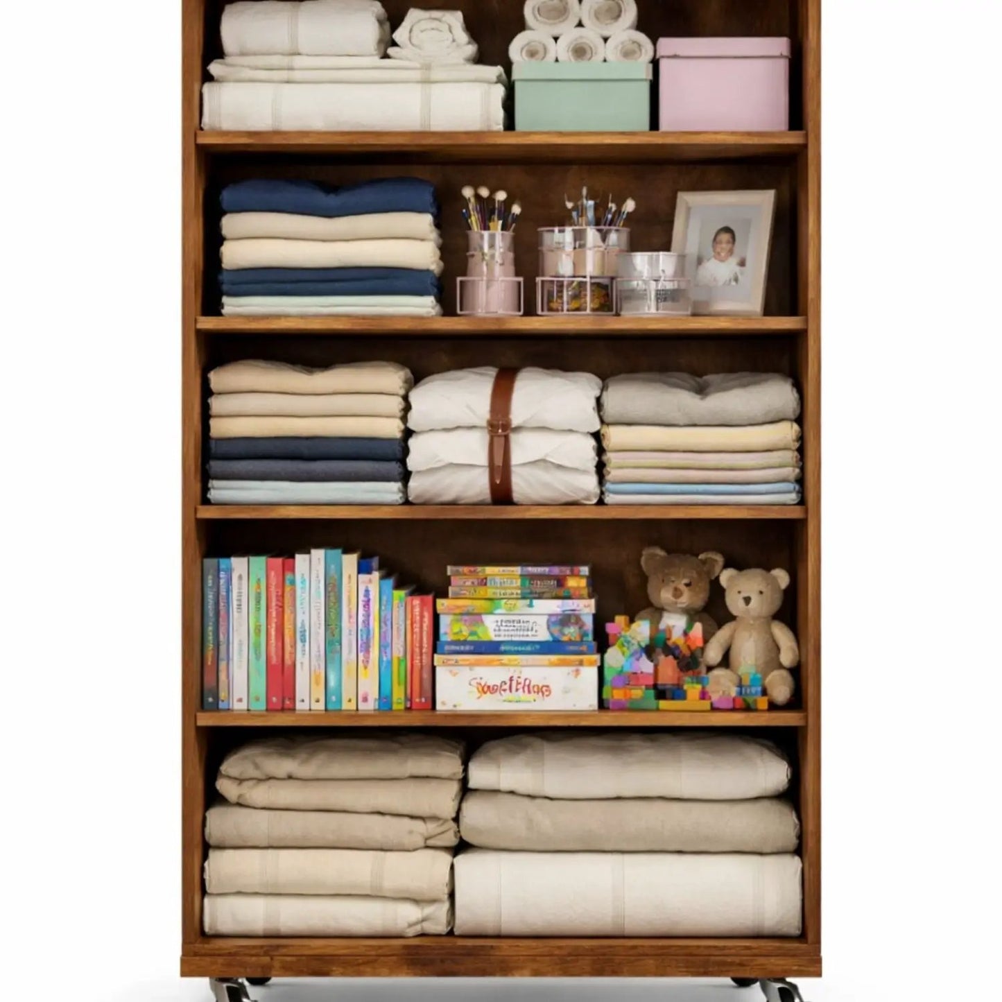 Modern 5 Drawer Dresser With Wheels wooden accent chest with folded linens, towels, books on Tampa Home & Garden Store