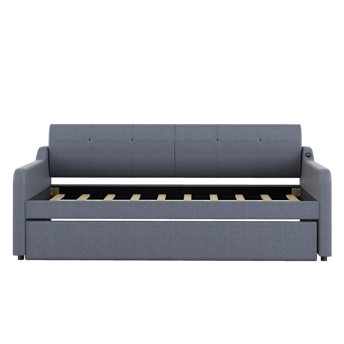 Upholstered daybed with trundle in gray fabric; trundle shows wooden slats HouseOfZazla on Tampa Home & Garden Store