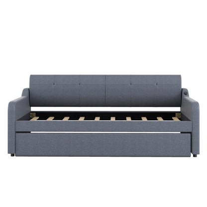 Upholstered daybed with trundle in gray fabric; trundle shows wooden slats HouseOfZazla on Tampa Home & Garden Store