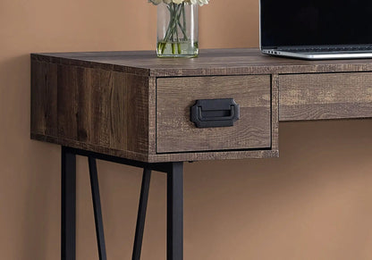 Writing desk in dark wood finish with storage drawer and black metal pull, laptop on top on Tampa Home & Garden Store