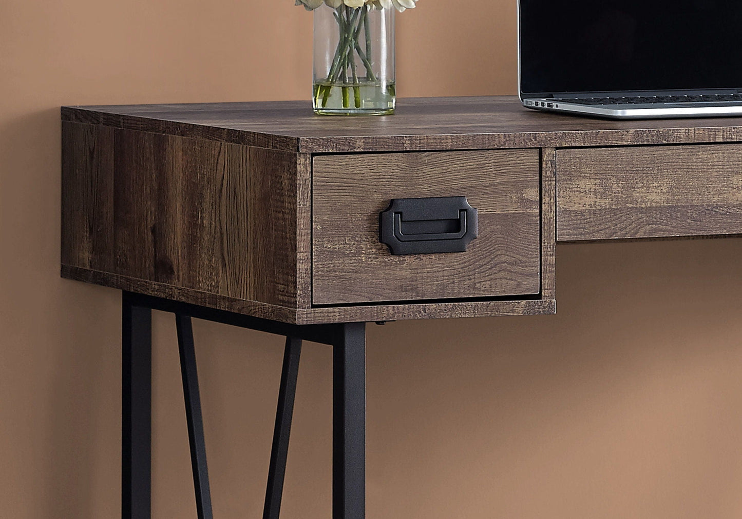 HouseOfZazla computer desk with storage drawer in dark walnut finish, laptop on top on Tampa Home & Garden Store