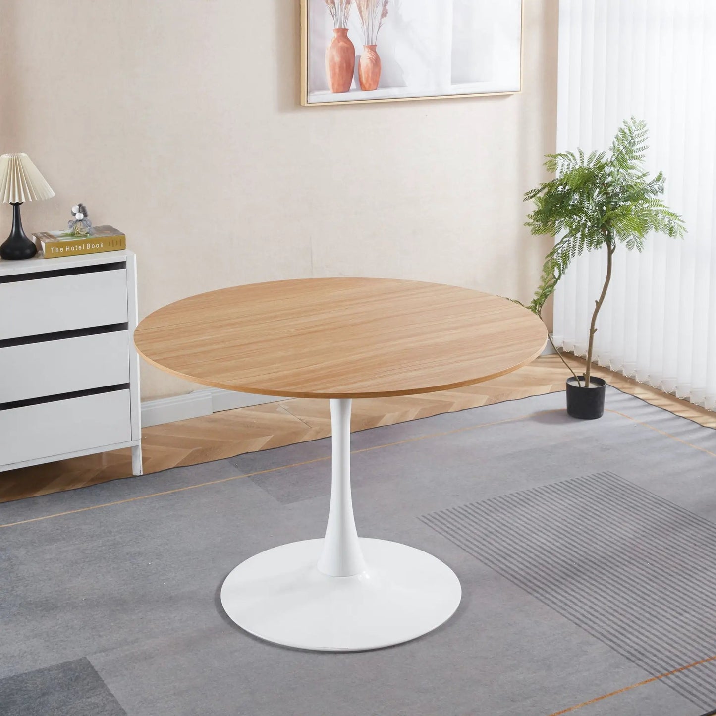 Mid-Century Tulip Dining Table With Round Top wood veneer top and white tulip pedestal base on Tampa Home & Garden Store