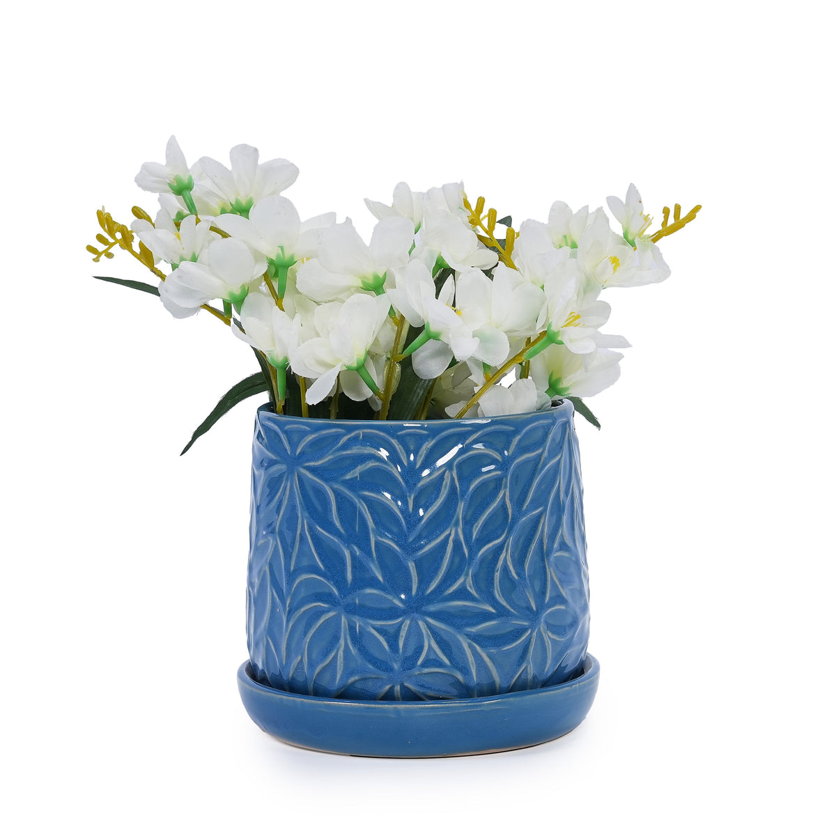 Set of 2 navy blue ceramic flowerpots with a leaf pattern, filled with white artificial flowers on Tampa Home & Garden Store