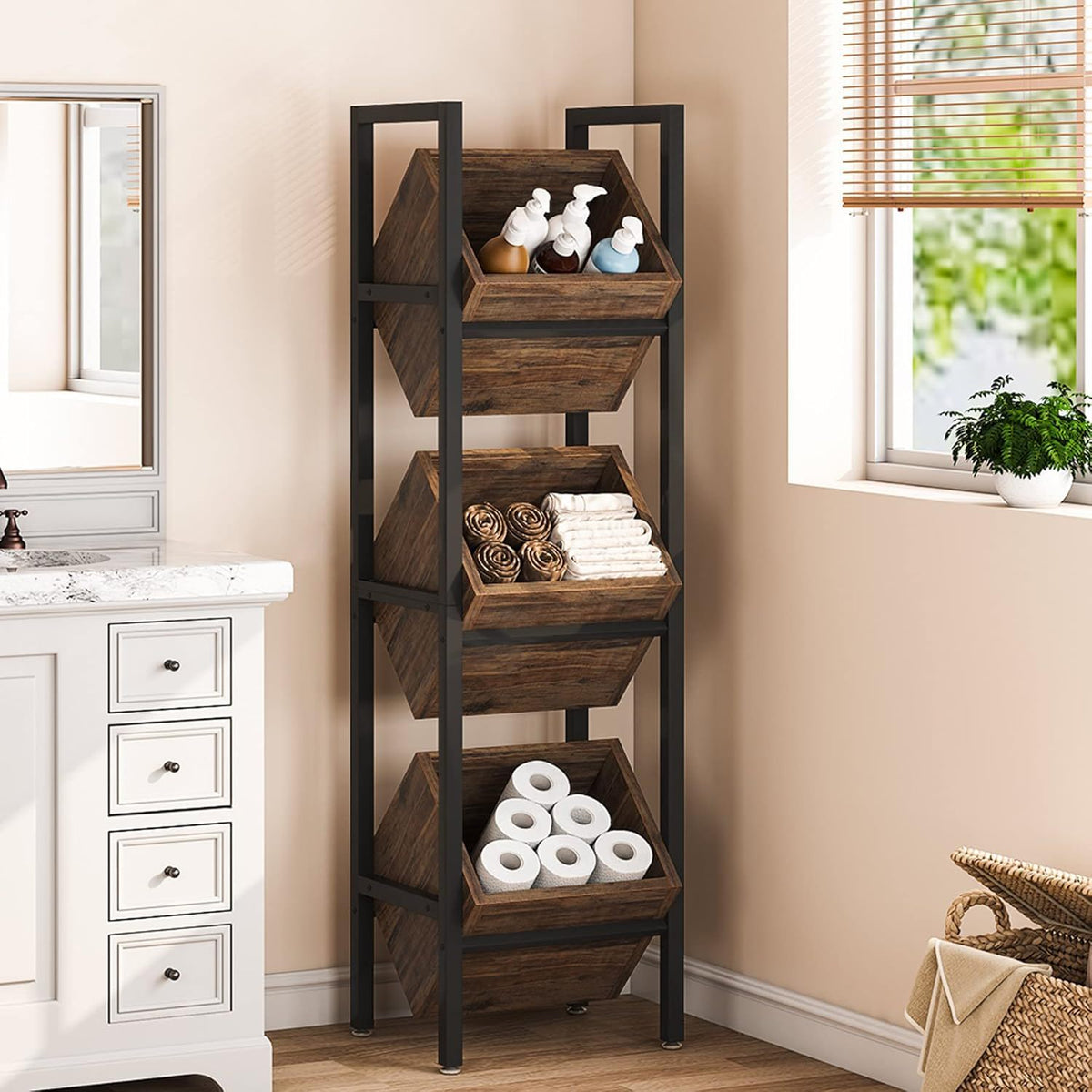 3-tier angled wood basket stand from HouseOfZazla on black metal frame for kitchen storage on Tampa Home & Garden Store