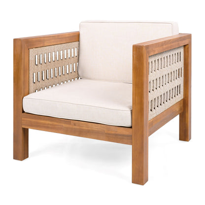 Outdoor Club Chair with rope-arm wicker sides and beige cushions HouseOfZazla on Tampa Home & Garden Store