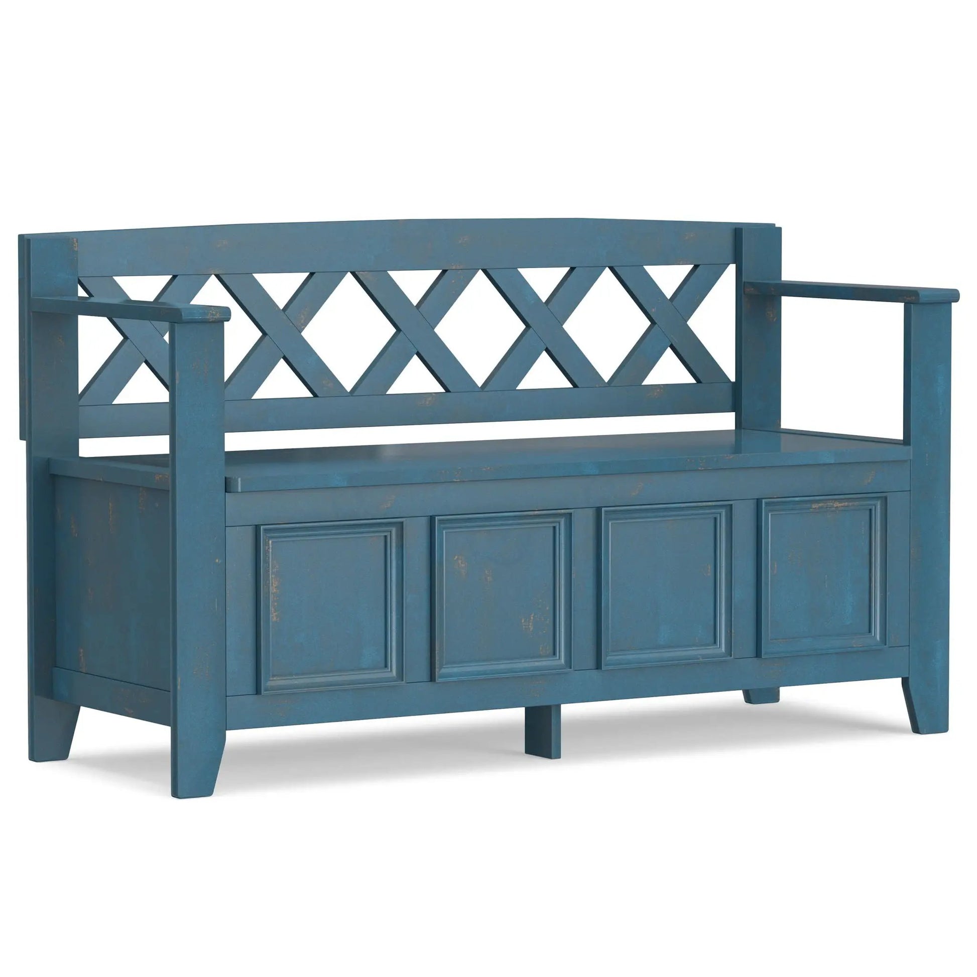 Amherst blue entryway storage bench by Unique Piece Furniture with lattice back and cabinet on Tampa Home & Garden Store