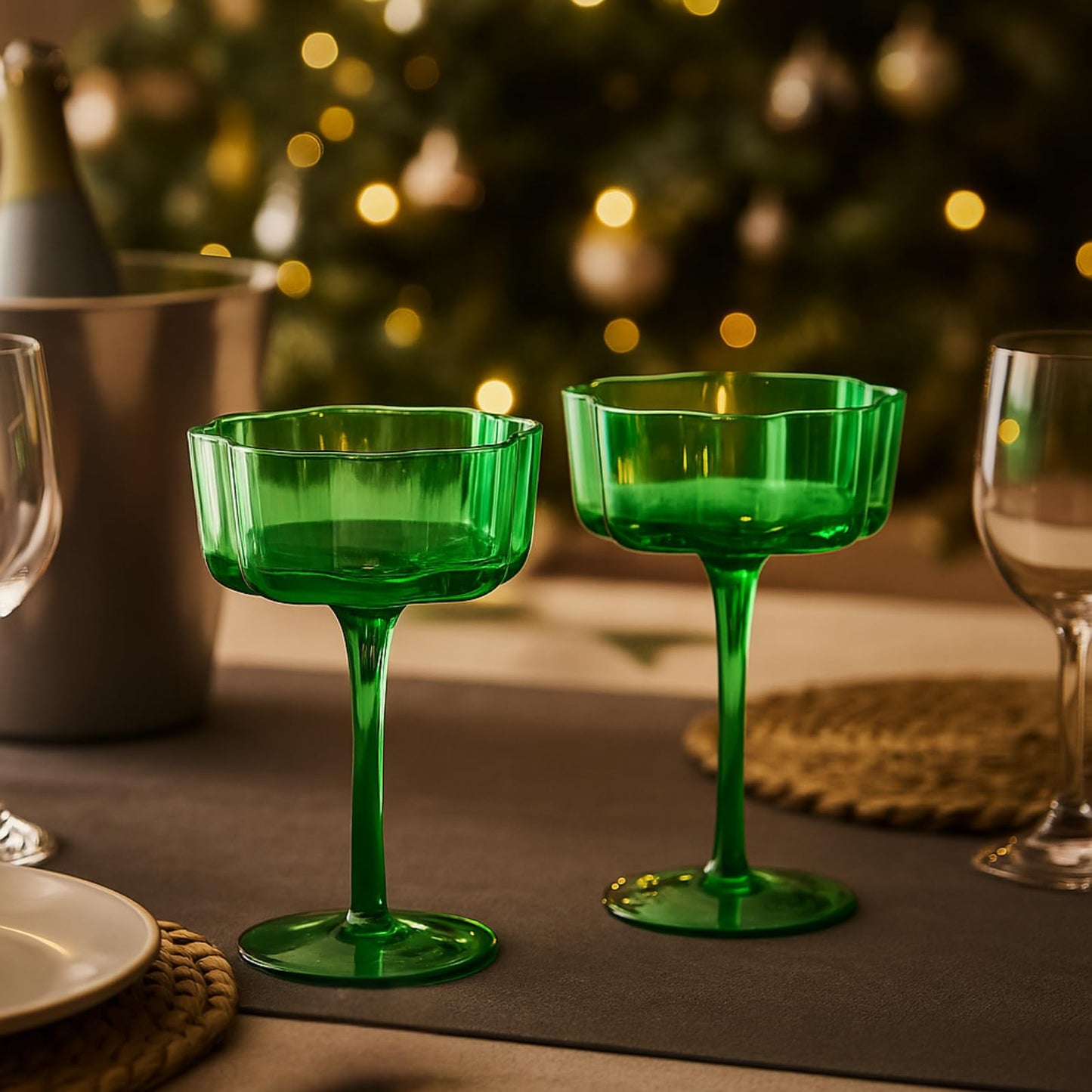 Jade Green Flower Champagne Coupes Set of Two